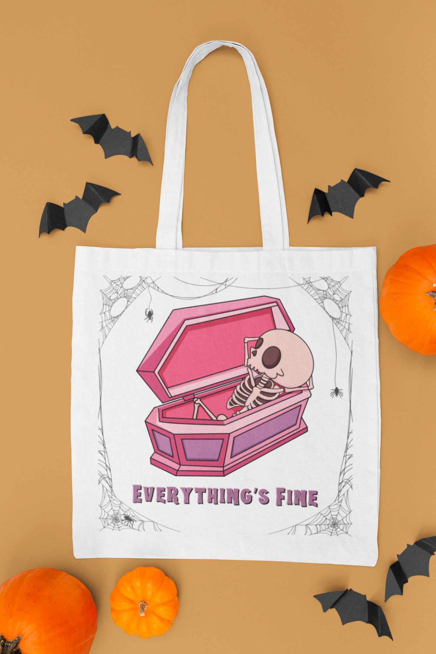 Everything's Fine Pink Coffin Trick or Treat Bag, Trunk or Treat, Tote, Costume, Basket, Spooky Season, Canvas, Goodie, Skeleton, Halloween